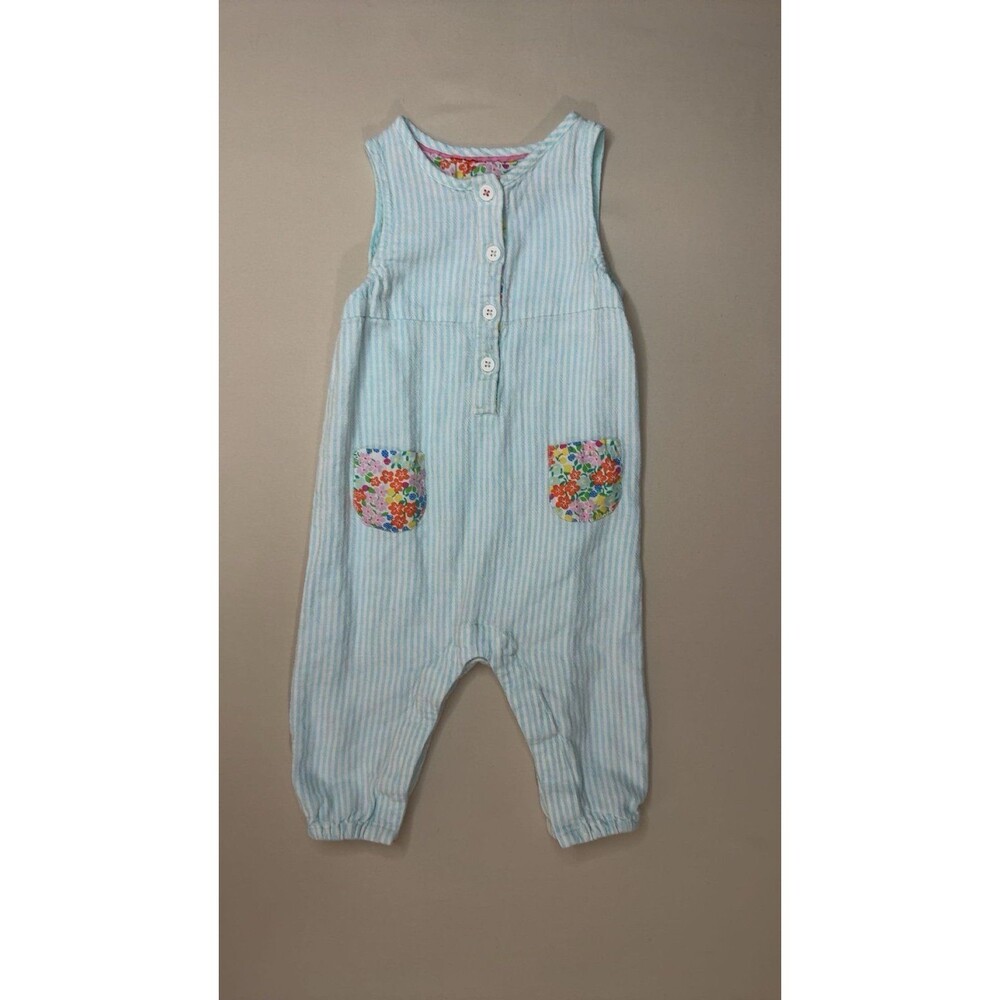 Baby Boden Blue White Ticking Stripe Floral Pocket Romper Jumpsuit 9-12M